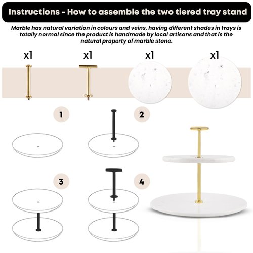 Supabon 2 Tiered White Marble Tray with Gold Metal Stand - Serving Tray for Desserts, Pastries, Cupcakes, Countertop Decor Display Stand, Detachable White Marble Plates with Gold Metal Handle