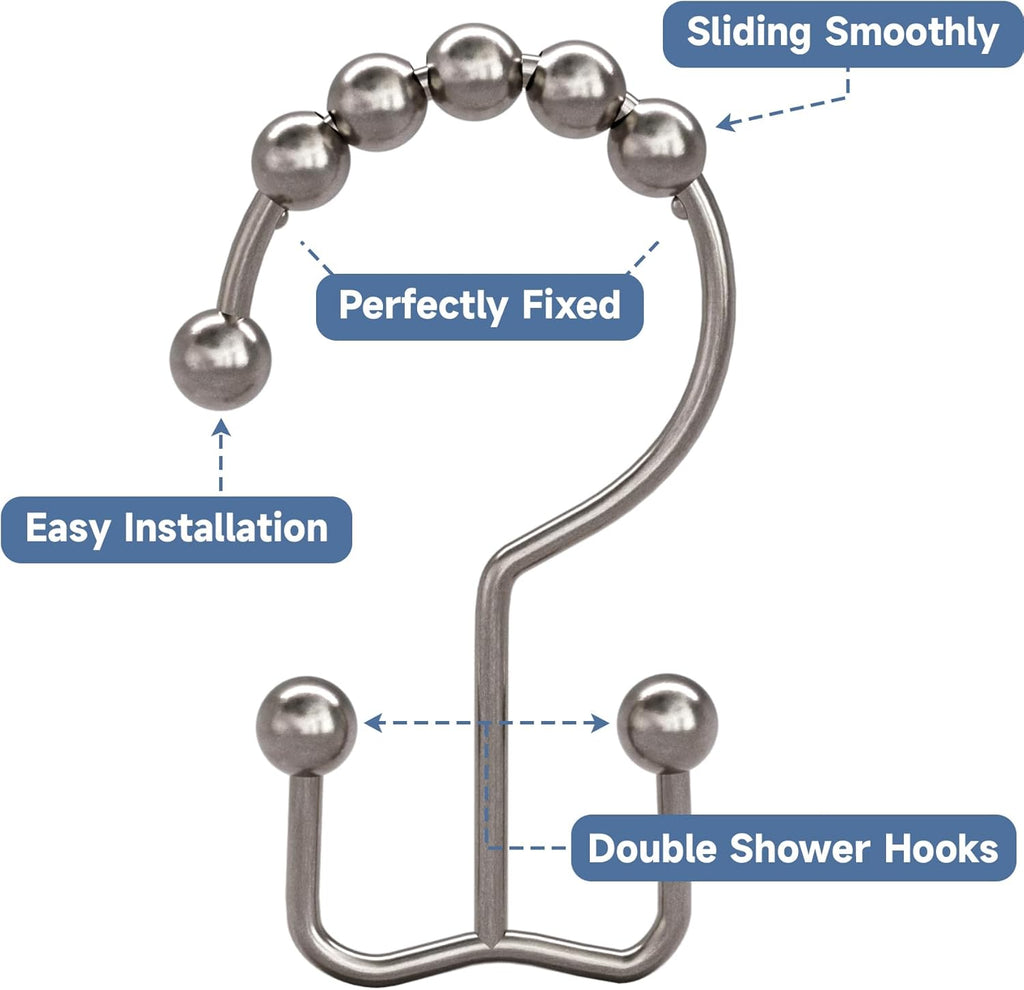 Titanker Shower Curtain Hooks - Rust Resistant Metal Double Glide Design | Set of 12 Nickel Hooks
