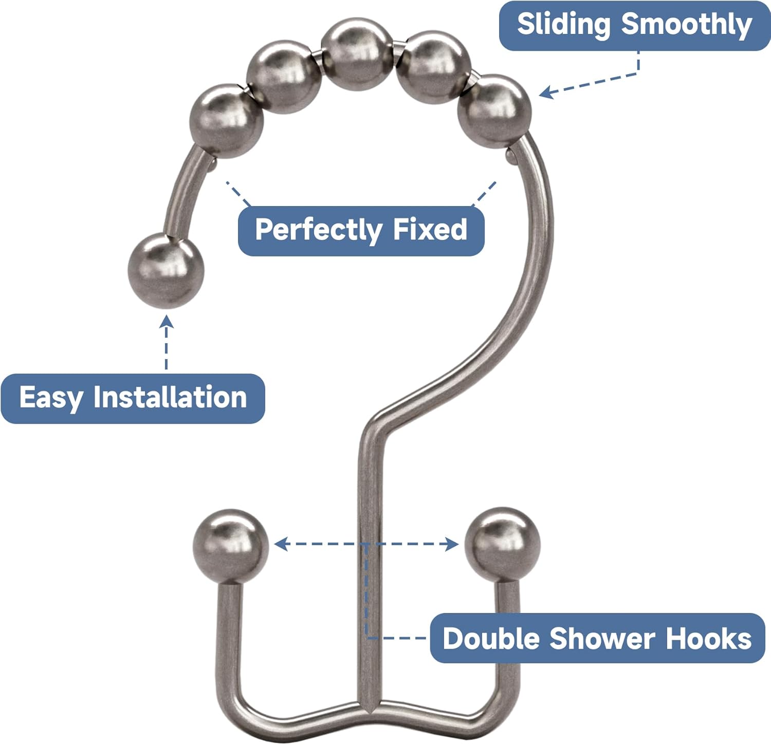 Titanker Shower Curtain Hooks - Rust Resistant Metal Double Glide Design | Set of 12 Nickel Hooks