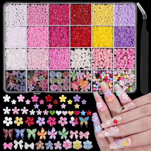 Umillars 3D Flower Nail Charms Set with Tweezers - Colorful Spring Resin Cherry Blossom Flatback Petals for Nail Art DIY Crafts