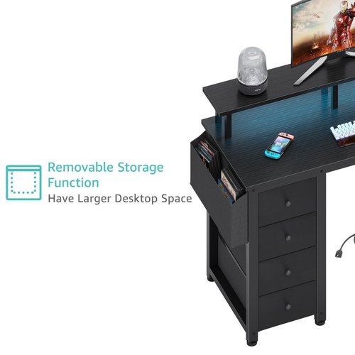 Lufeiya Black L Shaped Desk with Led Lights and Power Outlets, 47 Inch Writing Study Computer Gaming Desks with Fabric Drawers for Bedroom, Home Office Corner Desk with Monitor Stand Shelves, Black