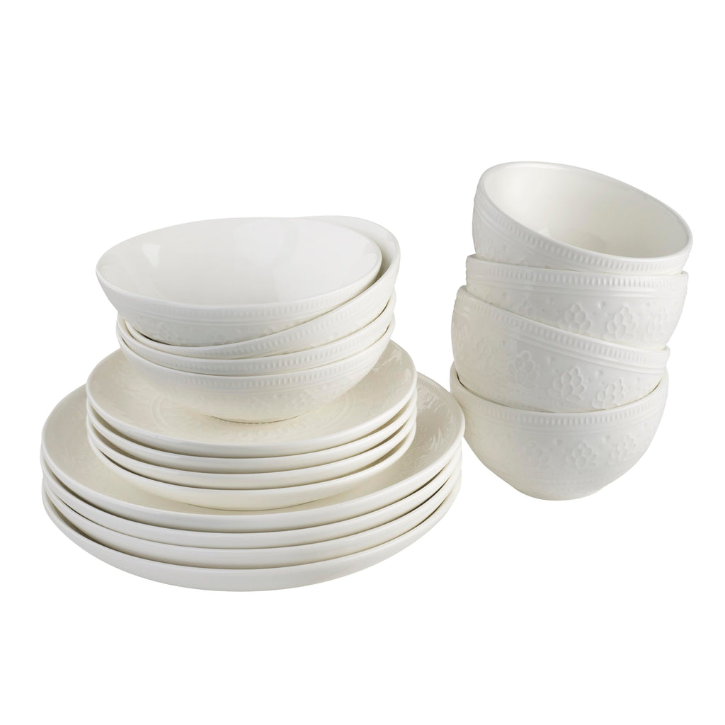 Euro Ceramica Fez Collection Stoneware Durable White 16-Piece Double Bowl Dinnerware Set, Teardrop Mandala design, Service for 4 with two sizes bowls assorted