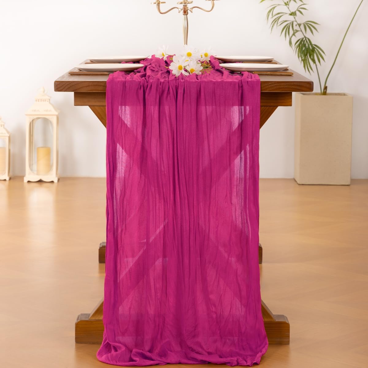 Socomi Cheesecloth Table Runner - Hot Pink Fuchsia Boho Rustic Design | 120 Inch for Weddings & Events