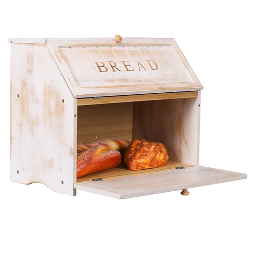 HOMEKOKO Vintage Double Layer Large Bread Box for Kitchen Counter, Retro Design Wooden Large Capacity Bread Storage Bin (White)