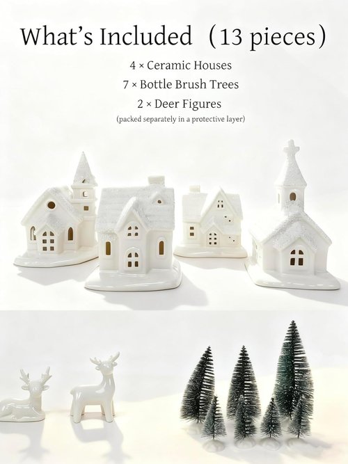 WANCHIY Christmas Village Sets- 13 Pieces Indoor Christmas Decorations, White Ceramic Village Houses Set of 4 with 7 Trees & 2 Deer, Mantel & Room & House Table Decor, Farmhouse Rustic Holiday Decor