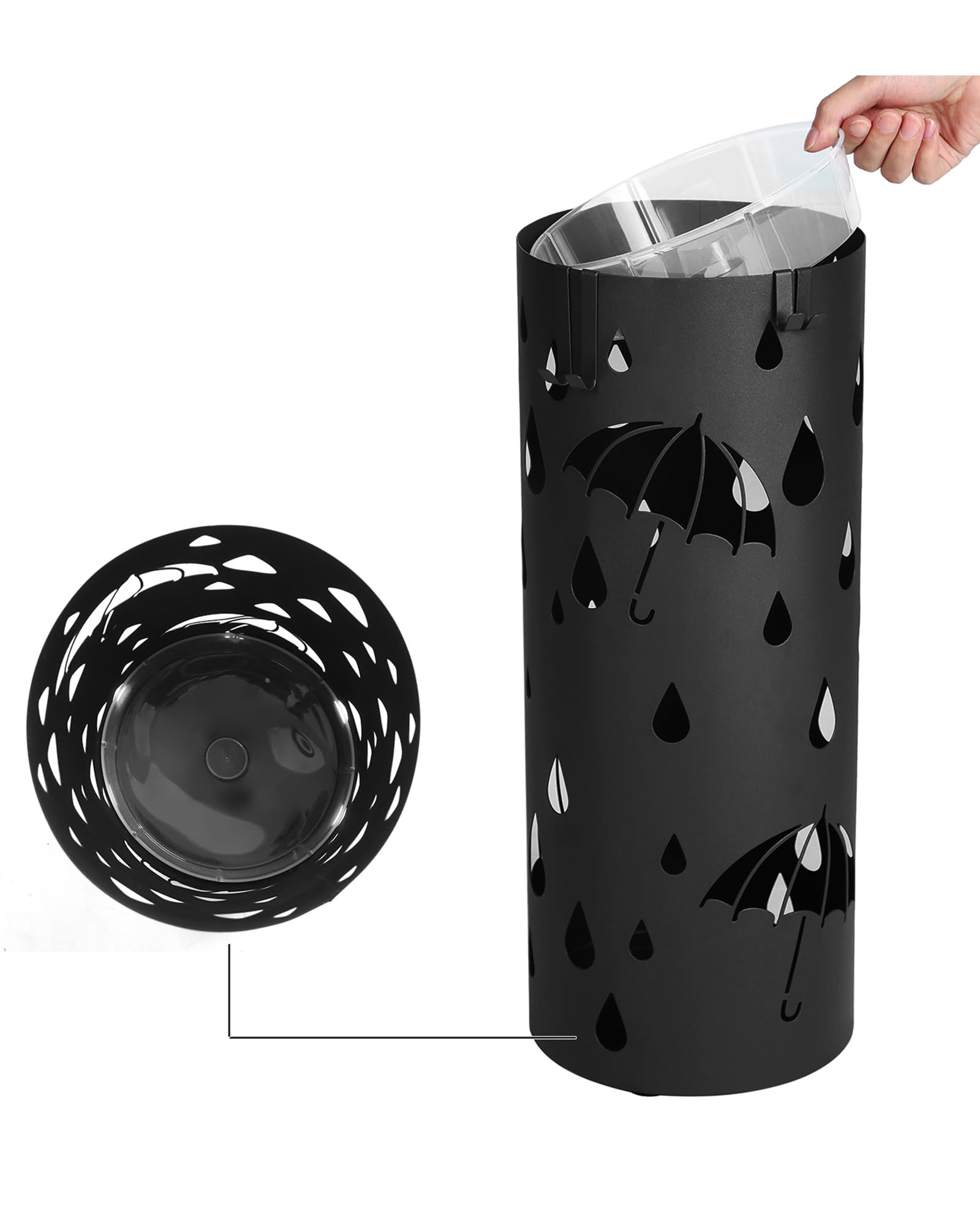 SONGMICS Umbrella Stand, Metal Umbrella Holder for Entryway, with Water Tray and 4 Hooks, 7.7 x 7.7 x 19.3 Inches, Round, Ink Black ULUC23B