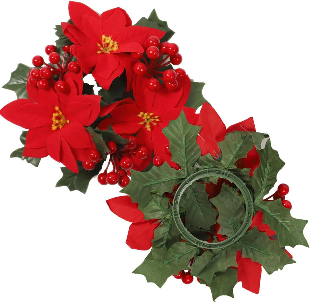 Regine Switzerland Christmas Candle Rings - Artificial Poinsettia & Red Berry Centerpieces | Holiday Decor