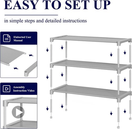 Kitsure Shoe Rack - Stackable Non-Woven Shoe Organizer for Closet & Entryway | 3-Tier, 27.5" Wide, Grey