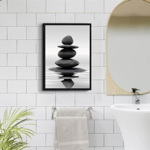 DCMVJHZV Framed Black and White Bathroom Wall Art - Zen Stones Meditation Print (12"x16") | Spa & Yoga Decor