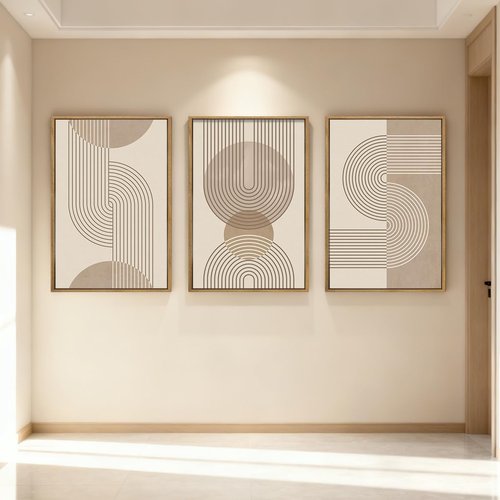 Anyzal Large Abstract Wall Art - Framed Boho Geometric Line Artwork | Modern Minimalist Beige Painting Set of 3 (24''x36'') for Living Room & Office