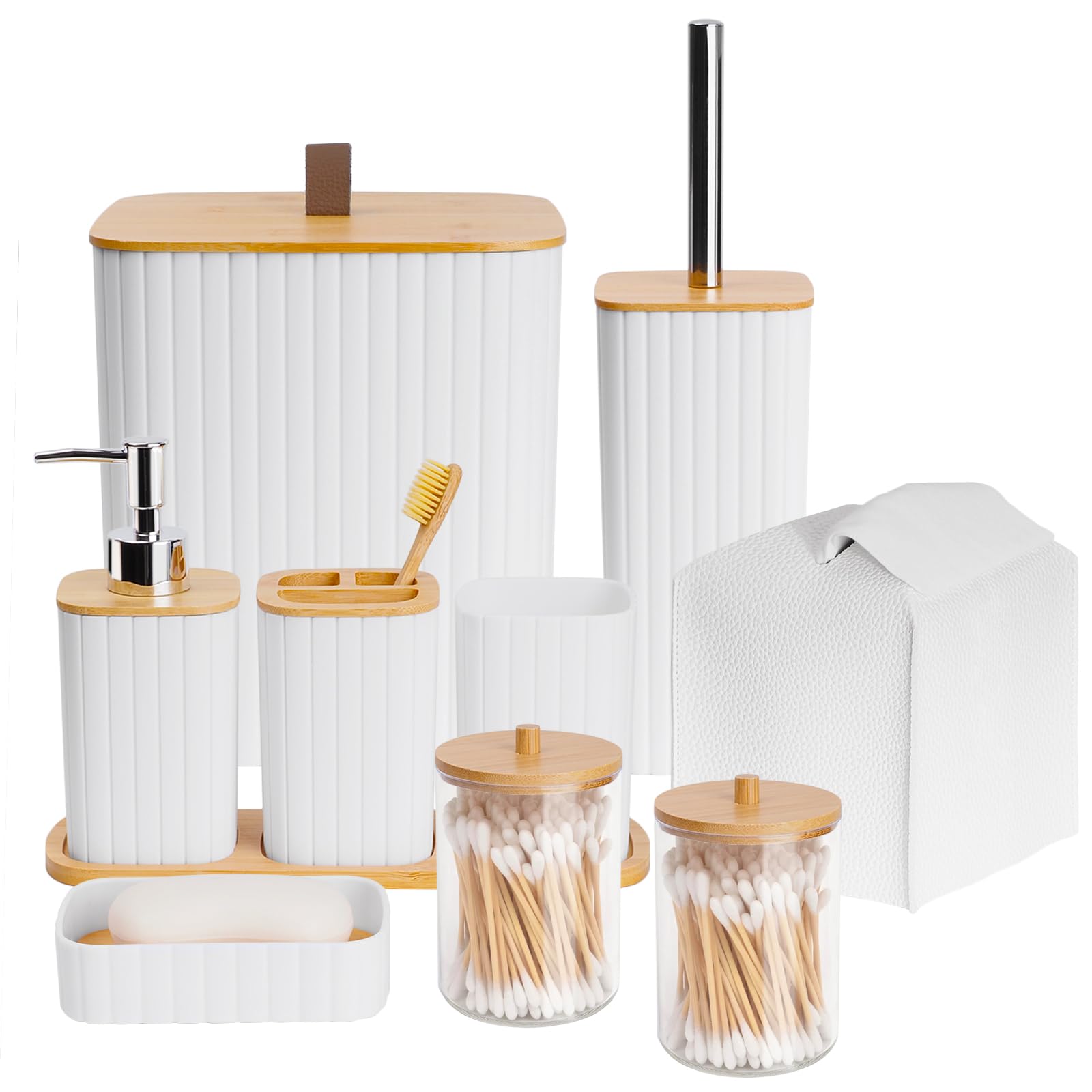 Bathroom Accessory Set - 10 Piece White Bathroom Sets Complete with Trash Can, Toothbrush Holder & Cup, Soap Dispenser, Soap Dish, Toilet Brush & Holder, Vanity Tray, Qtip Holder, Tissue Box Cover
