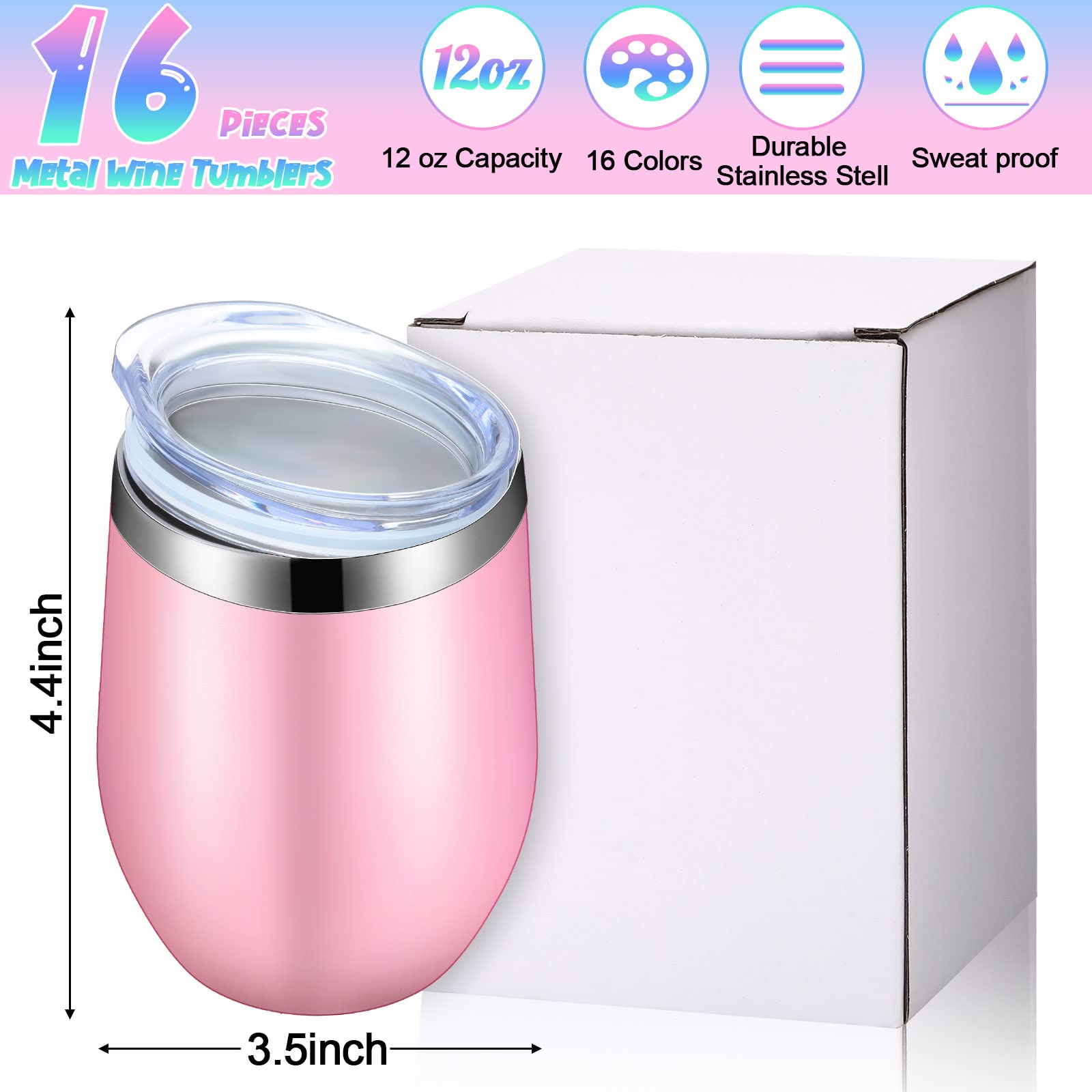 Vesici 16 Pack Wine Tumblers with Lid 12oz Stainless Steel Travel Mugs Stemless Double Wall Vacuum Insulated Wine Glasses Tumbler Bulk for Hot or Cold, Cocktails, Champaign, Whiskey, 16 Colors