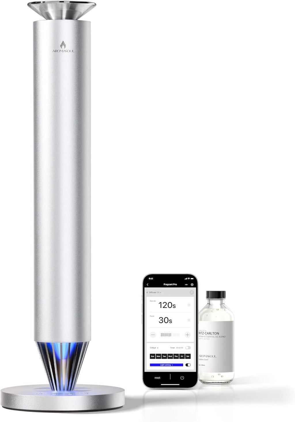 Skiennix Wireless Rechargeable Scent Diffuser Kit - 1500 Sq Ft Coverage, Mood Light & Essential Oil Included | Silver