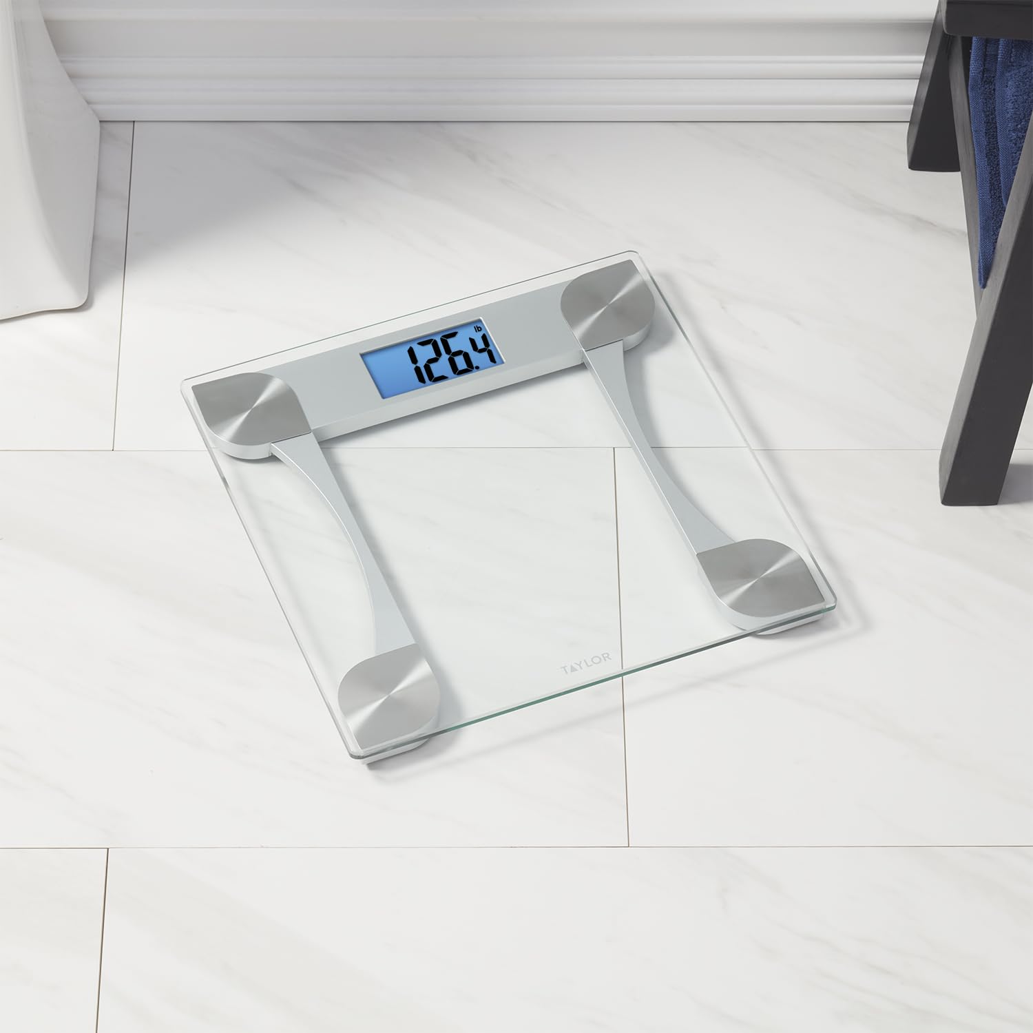 Taylor Digital Bathroom Scale for Body Weight, Large 12.2 Inch Glass Platform, Blue Backlit LCD Display, 440 lb Capacity, Weight Tracking for 2 Users, Clear