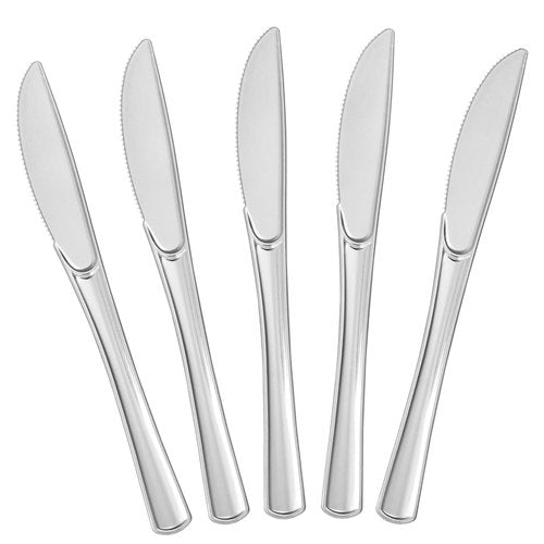 BESTVIP 100 Count Silver Plastic Knives, Solid and Durable Plastic Knives Disposable, Heavy Duty Look Like Real Cutlery, Utensils Perfect for Parties, Weddings, Christmas, Special Occasions