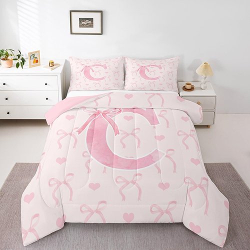 Erosebridal Initial Alphabet C Bedding Set Full Size for Kids Girls Pink Letter Comforter Set Aesthetic Coquette Bowknot Comforter Geometric Butterfly Knot Room Decor Warm Cute Love Heart Duvet Quilt