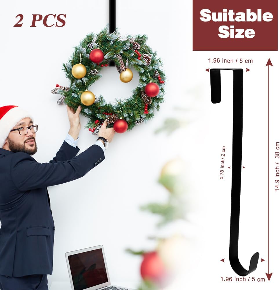 Skiennix Wreath Hangers - 15 Inch Black Metal Over The Door Hooks for Seasonal Decor | 2 Pack