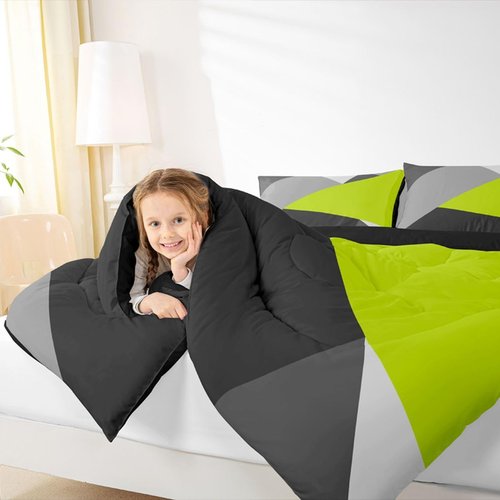 Erosebridal Lime Green Black Grey Bedding Set Geometric Triangle Comforter Set Twin Patchwork Down Comforter for Kids Teen Adults Modern Abstract Quilt Duvet Insert with 1 Pillow Case