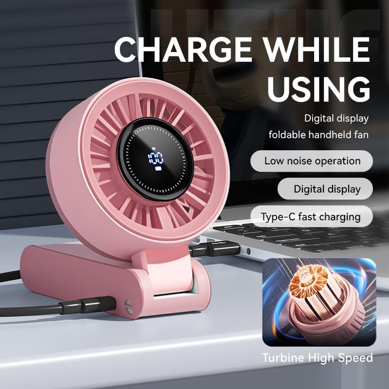 Portable Handheld Fan with LED Display - 5-Speed, 10-Hour Battery, Foldable Design (Pink)