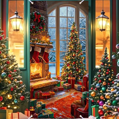 Christmas Door Cover Banner - Merry Christmas Scene, 70.87x35 Inches, Polyester, Variation HD04458