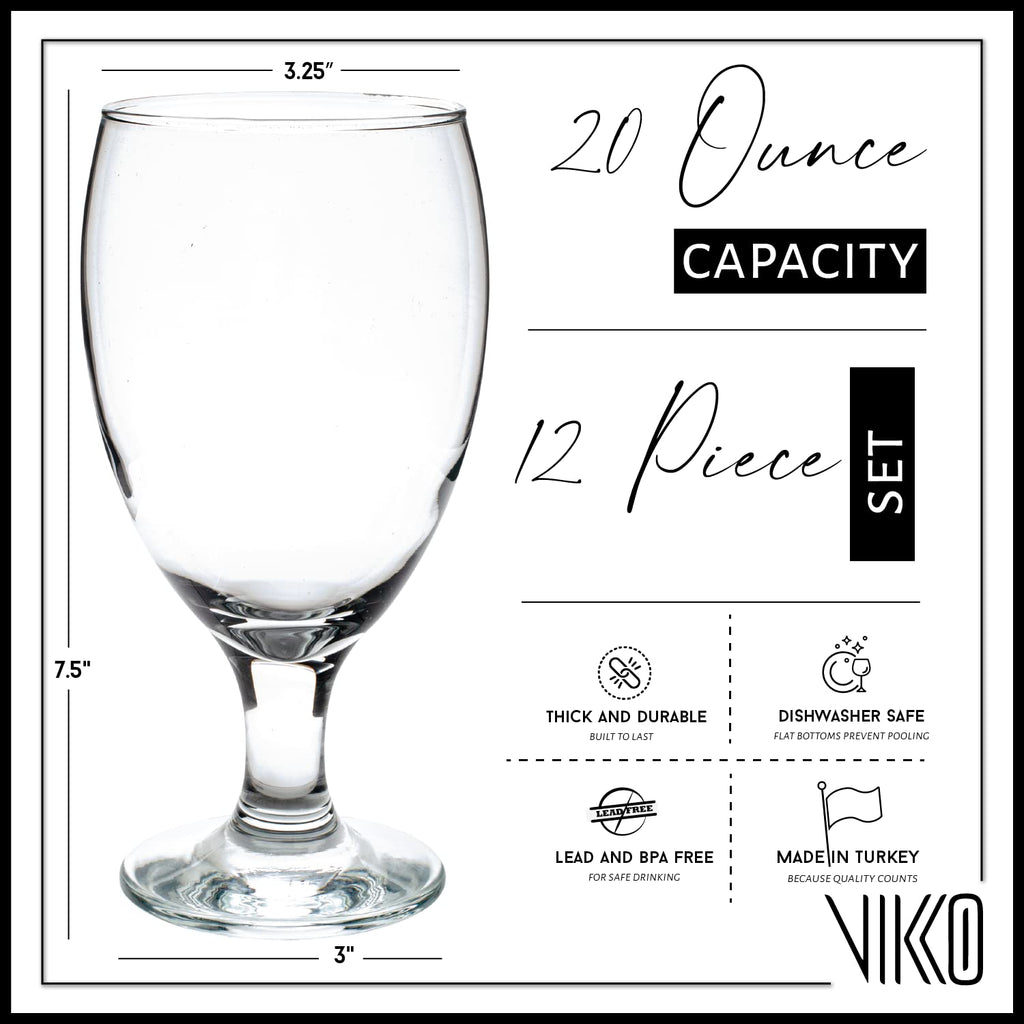 Vikko Classic Goblet Party Glasses, 20 Ounce Iced Tea and Water Goblets, Set of 12, Dishwasher Safe Durable Glassware
