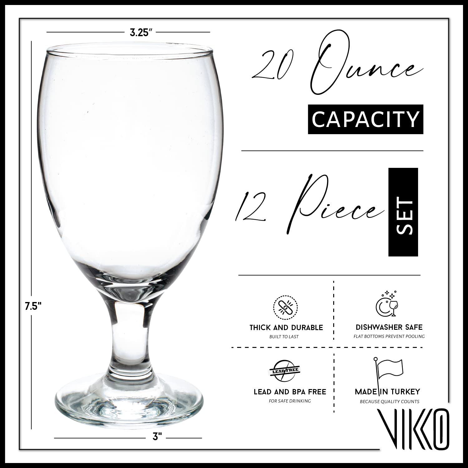 Vikko Classic Goblet Party Glasses, 20 Ounce Iced Tea and Water Goblets, Set of 12, Dishwasher Safe Durable Glassware