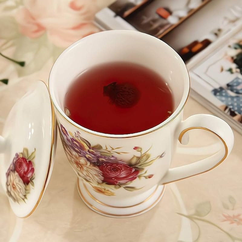 Floral 10oz Ceramic Mug with Gold Rim & Lid - Fine Bone China Tea Cup