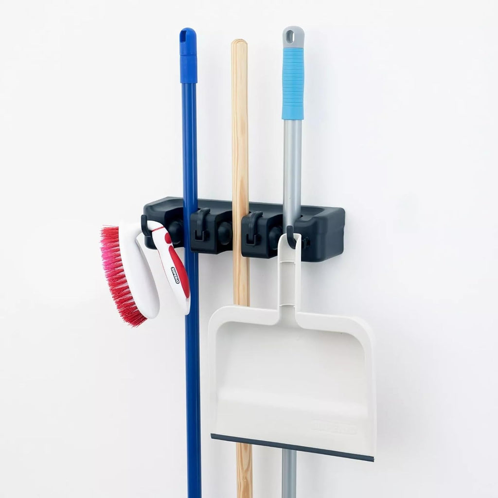 Wall-Mounted Broom and Mop Holder by [Brand Name] - 3 Slots & 4 Hooks Organizer for Home & Garage | Black