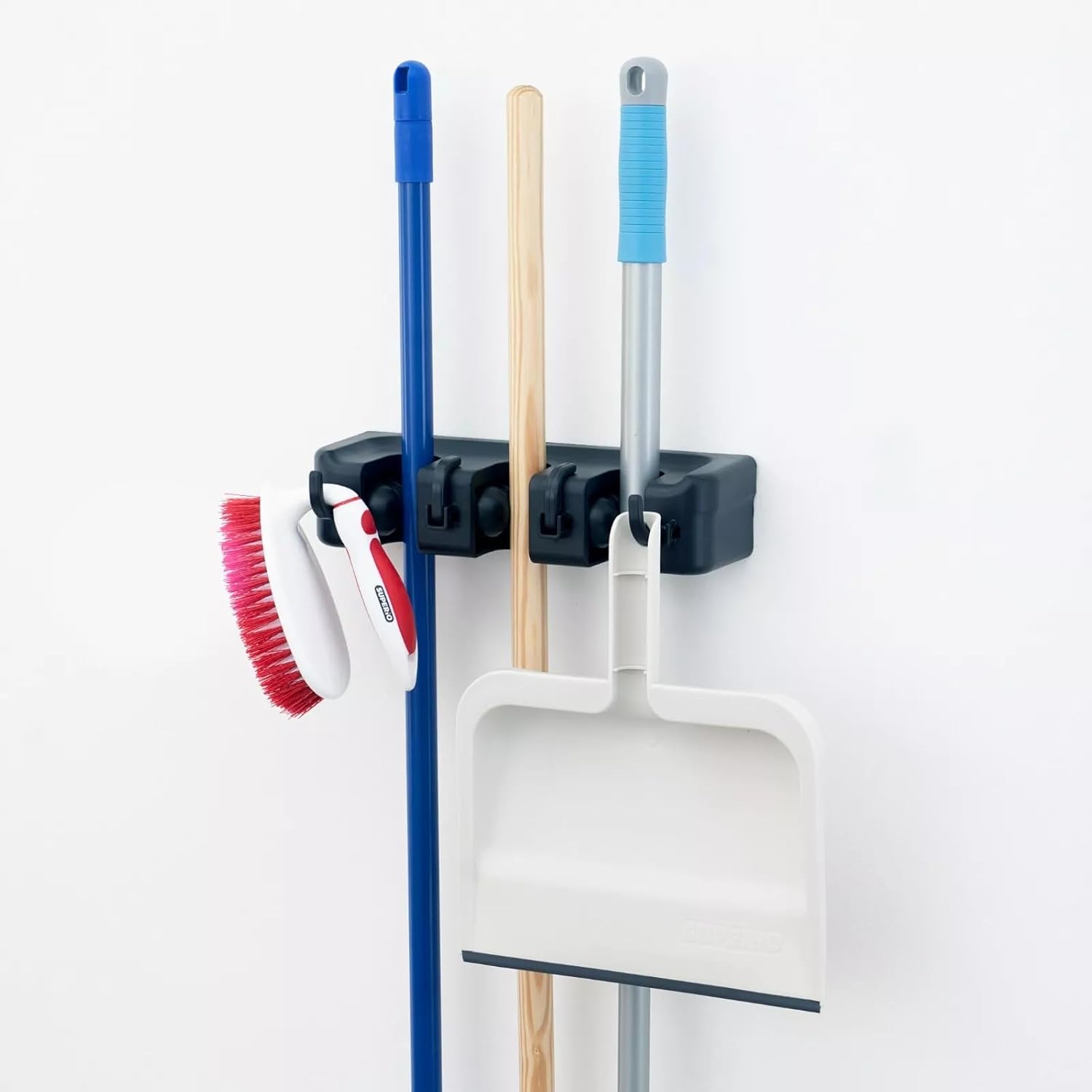 Wall-Mounted Broom and Mop Holder by [Brand Name] - 3 Slots & 4 Hooks Organizer for Home & Garage | Black
