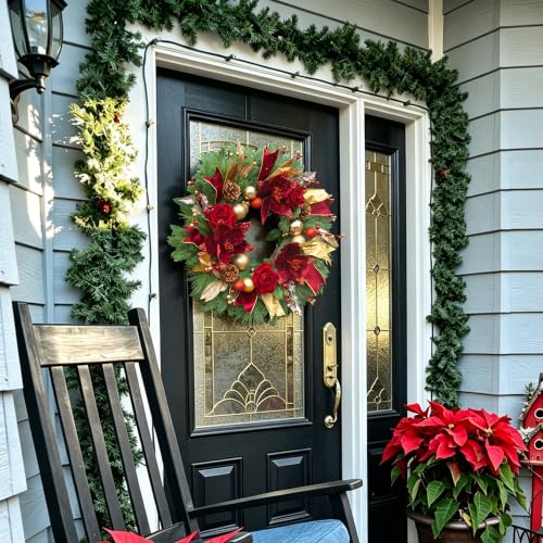 Red 24 Inch Christmas Wreath with Lights for Front Door