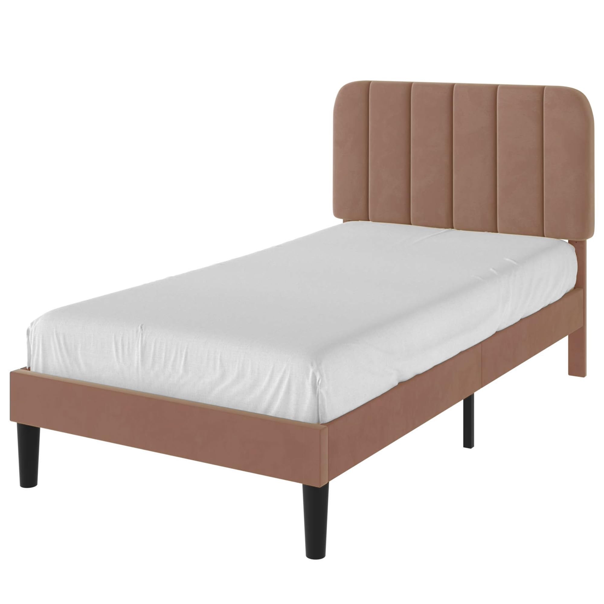 VECELO Twin Size Bed Frame with Upholstered Headboard, Velvet Platform Bedframe Mattress Foundation, Strong Wood Slat Support, No Box Spring Needed,Warm Brown