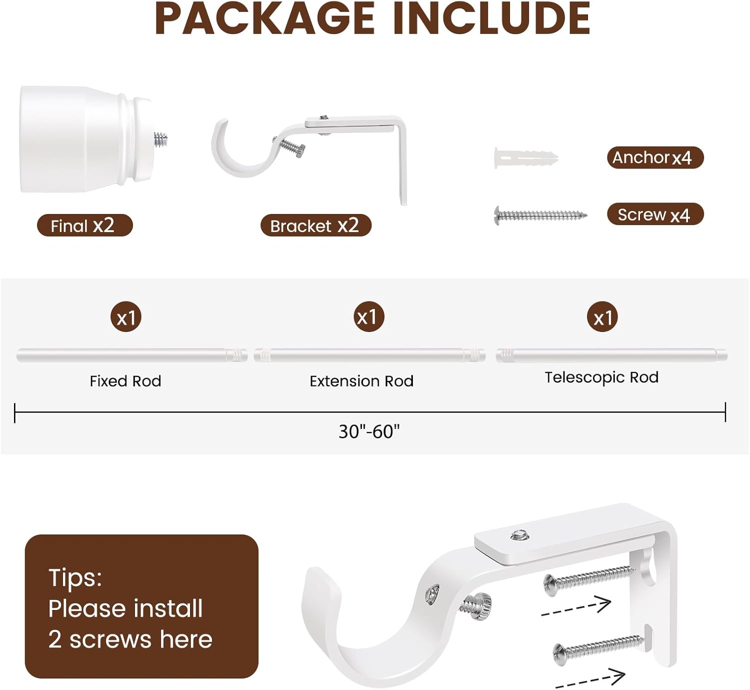 Skiennix 1” Diameter Adjustable Curtain Rod - Heavy Duty Matte White | Fits 30-54 Inch Windows