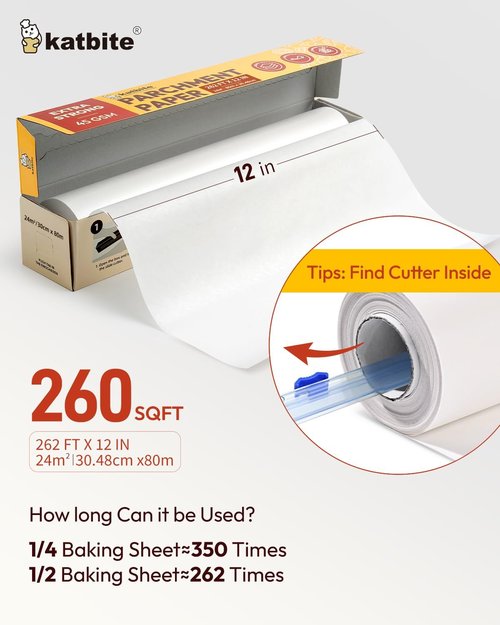 Katbite Heavy Duty Parchment Paper Roll - 12" x 262 ft Non-Stick Baking Paper for Cooking & Grilling