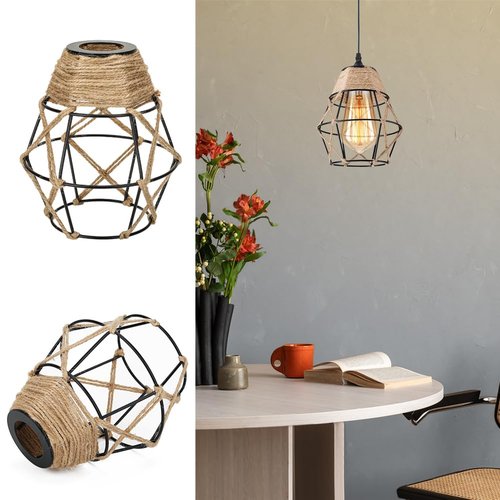 3 Pack Industrial Hemp Rope Pendant Lamp Shade, Small Vintage Boho Hanging Light Shades, Mini Rustic Metal Cage Lampshade for E27 Chandelier Wall Sconces Ceiling Hanging Pendant Light Fixture