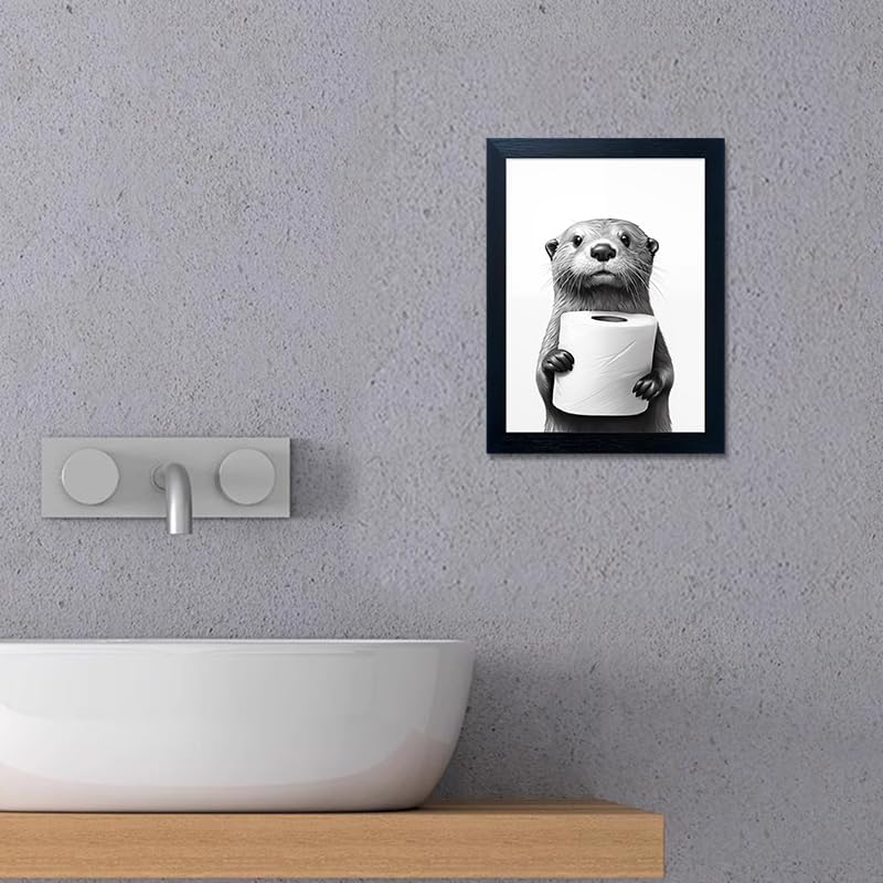 Regine Switzerland Funny Bathroom Wall Art - Framed Black and White Raccoon Canvas Print | Unique Decor