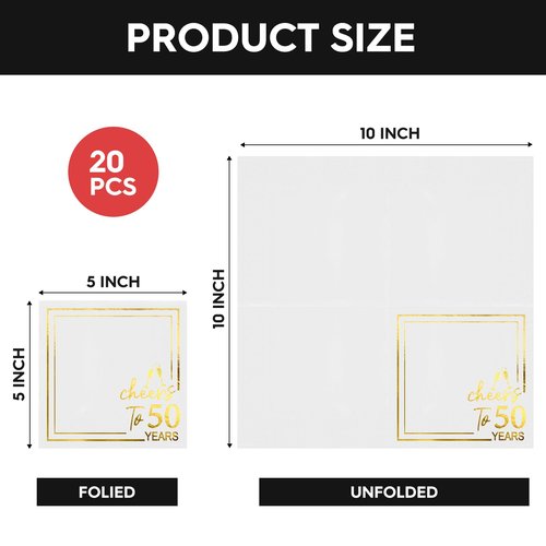 Horaldaily 50 Pack Cheers to 50 Years Cocktail Napkins, 5x5 Inches White and Gold Foil Birthday Decorations Paper Napkins for Party Anniversary Lunch Dinner