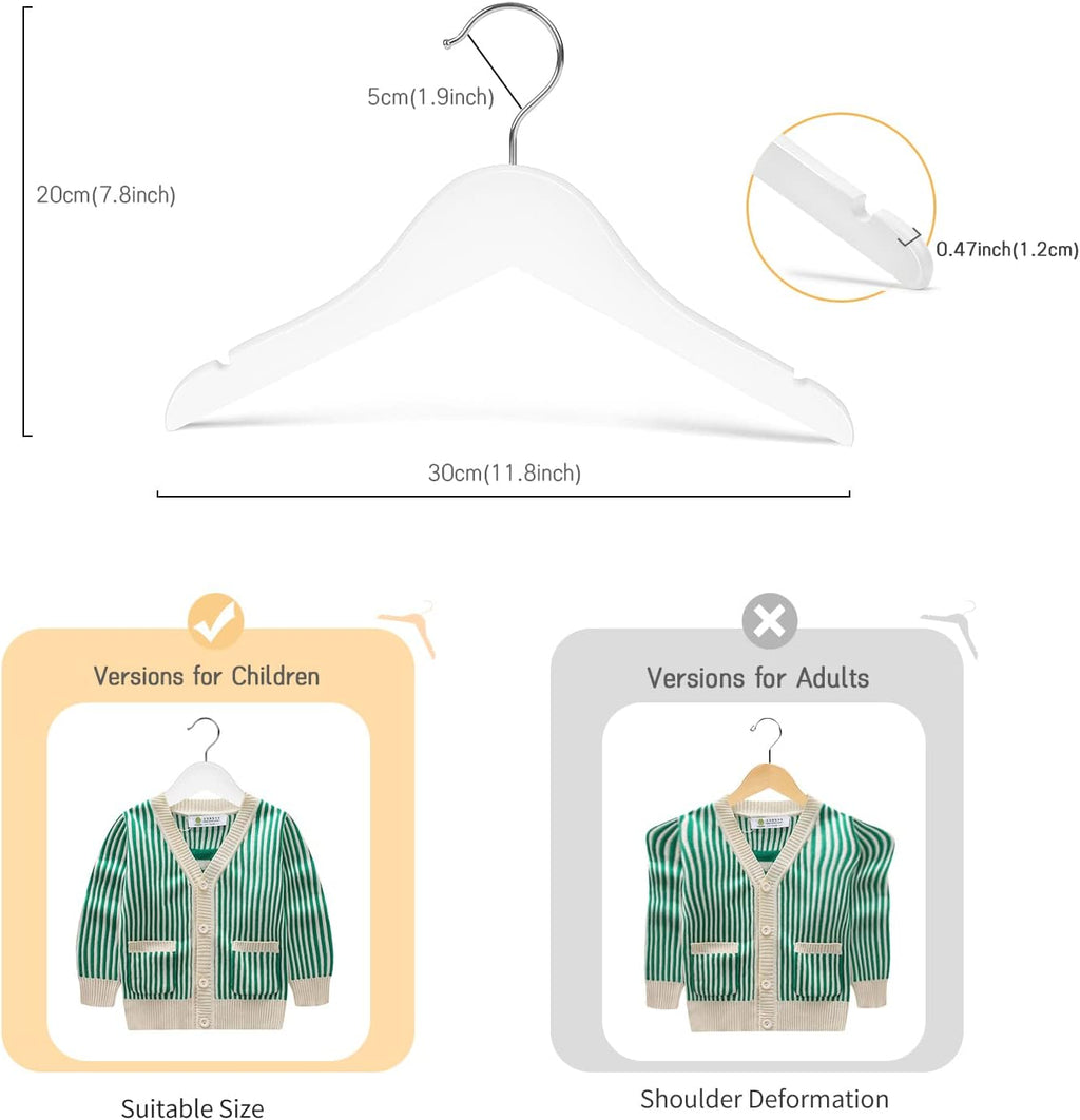 Nature Smile Wooden Shirt Coat Hangers for Kids - Anti-Rust Chrome Hooks | Pack of 10 (White)