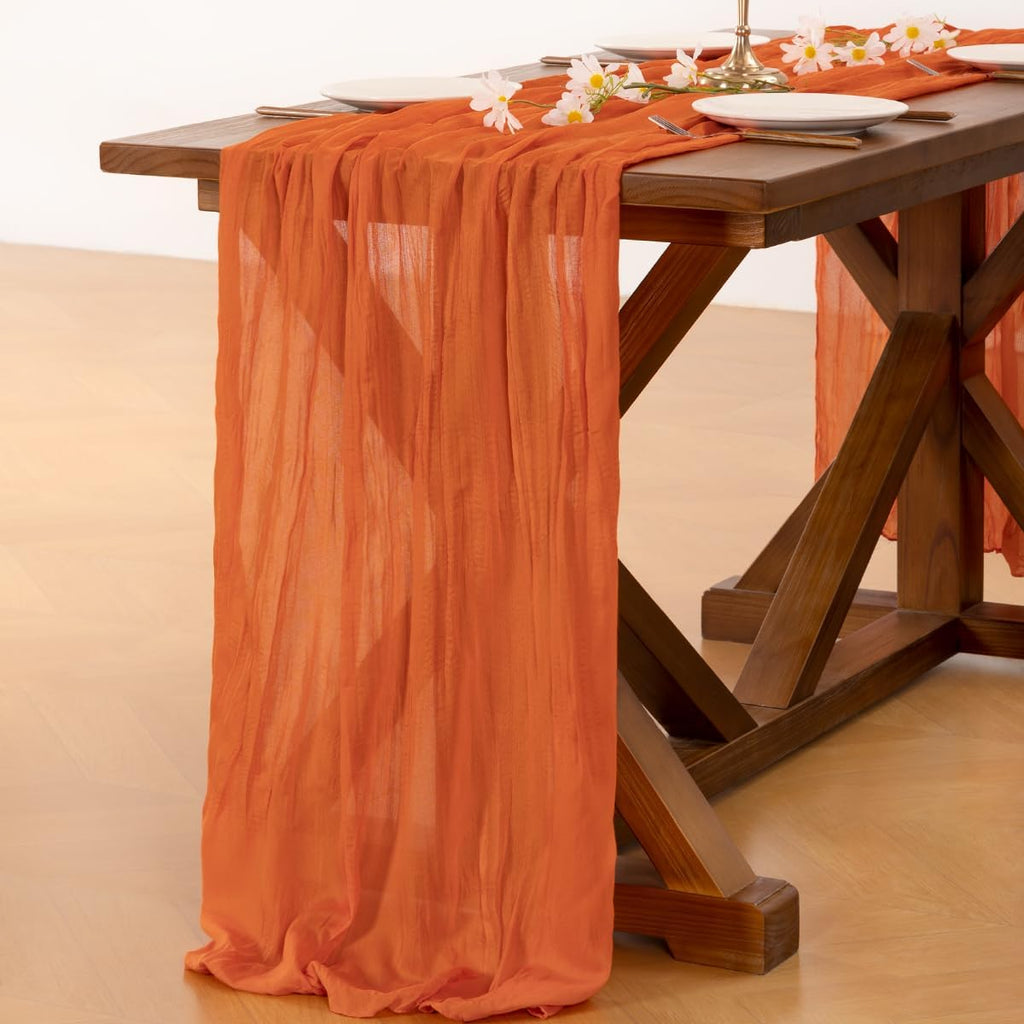 Socomi Cheesecloth Table Runner - 3pcs Orange Boho Rustic Design | 120 Inch Sheer Decor for Weddings & Events