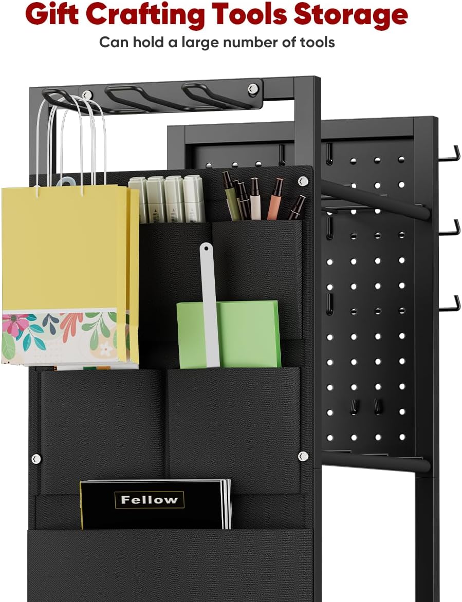 Skiennix Wrapping Paper Storage Organizer - Rolling Gift Wrap Station with Ribbon & Bag Storage | Black