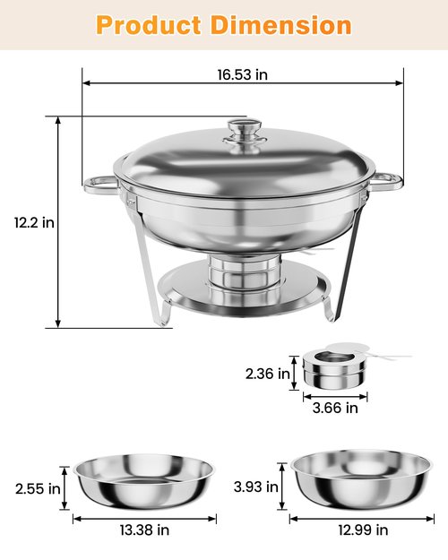 5QT Chafing Dish Buffet Set of 4 Pack, Food Warmers and Servers Round Stainless Steel Chafer with Food & Water Pan, Lid, Frame, Fuel Holder for Catering,Parties and Festivals