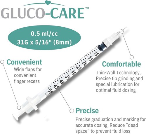 GLUCO-CARE 31G x 5/16’’ Syringes - 0.5 ml/cc for Precision Insulin Delivery, 100/Box