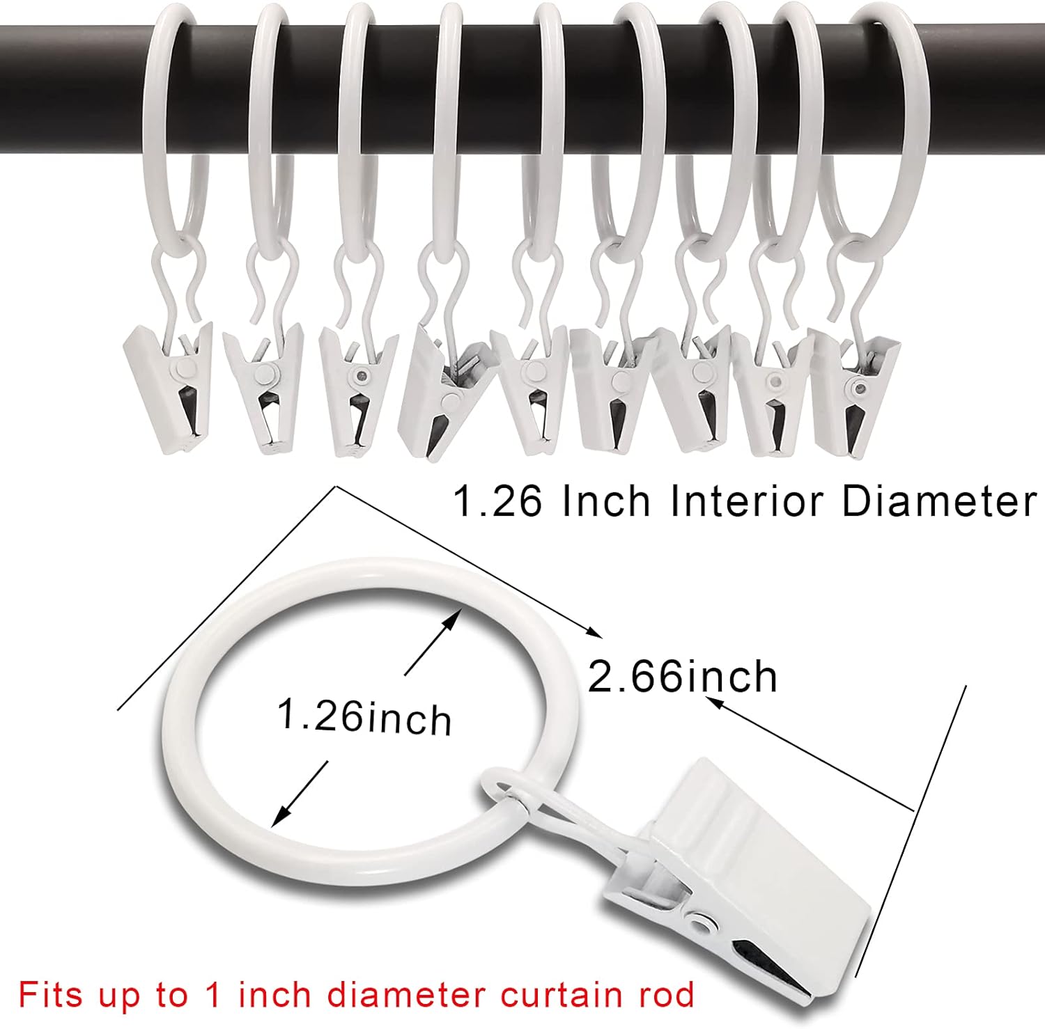 Skiennix Curtain Rings - 40 Pack Drapery Clips with 1.26" Interior Diameter - Fits Up to 1" Rod, White