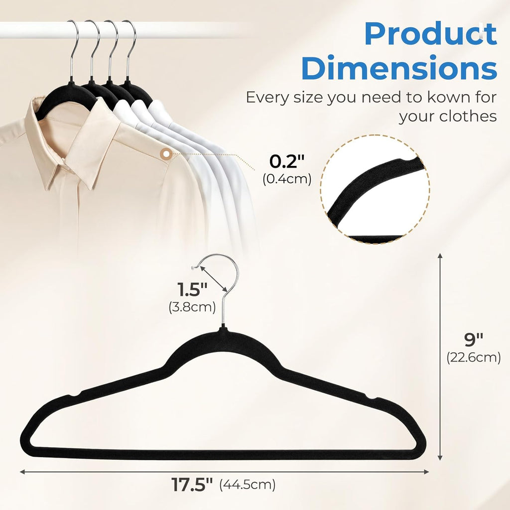 Smartor Black Velvet Hangers - 50 Pack Non-Slip Clothes Hangers with Shoulder Notches | Premium Slim Space-Saving Design