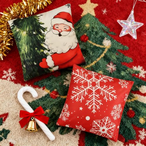 Haundry 4-Piece Christmas Pillow Covers, 18x18 Inch Red & White Holiday Set