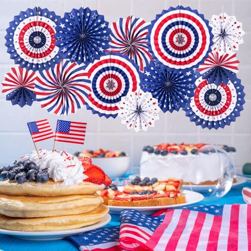 12-Piece 4th of July Patriotic Hanging Paper Fans Set