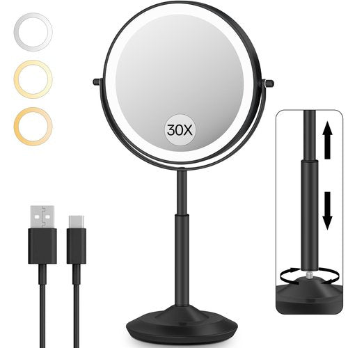 VFD 30X/1X Makeup Mirror with Lights, Height Adjustable Lighted Magnifying Vanity Mirror with 3 Lighting