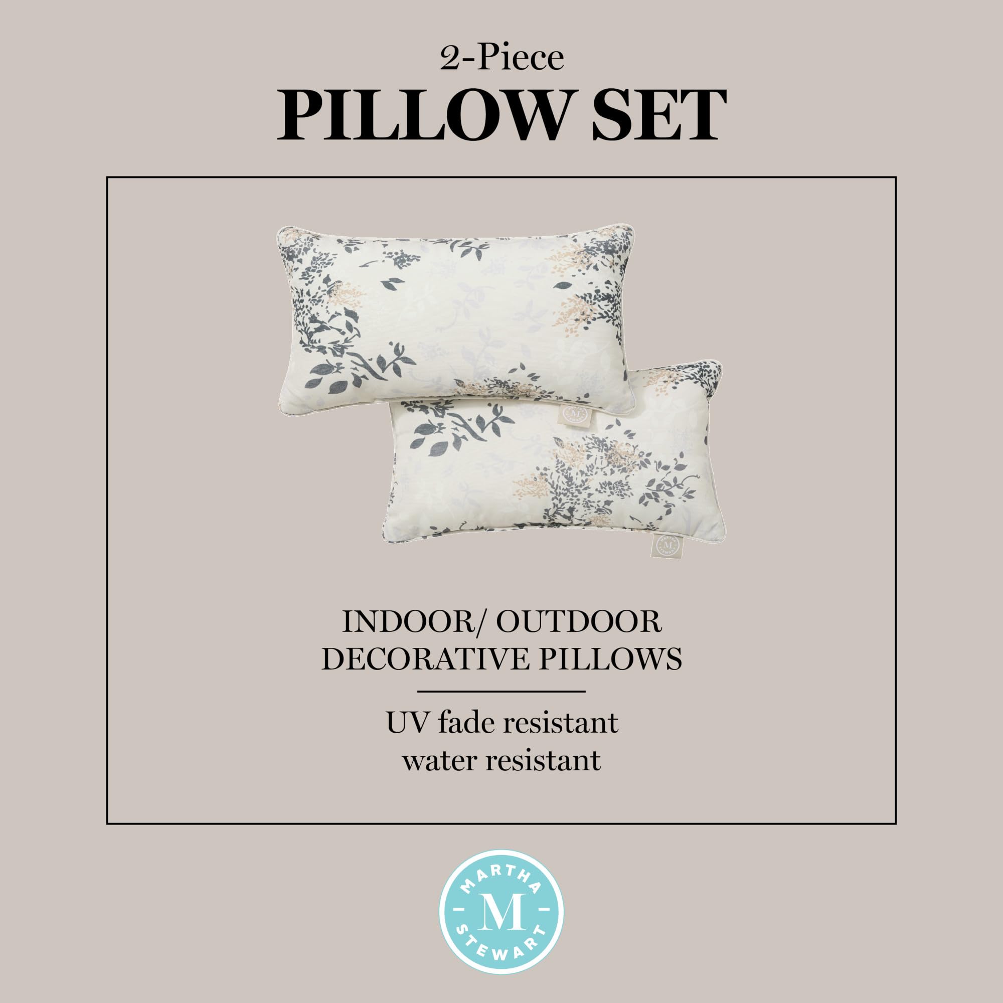 Martha Stewart Charming Foliage Indoor Outdoor Decorative Lumbar Pillow 2-Pack Set, UV Fade Resistant, Water Repellent, Printed Floral Design, Warm Grey, 11"x18"