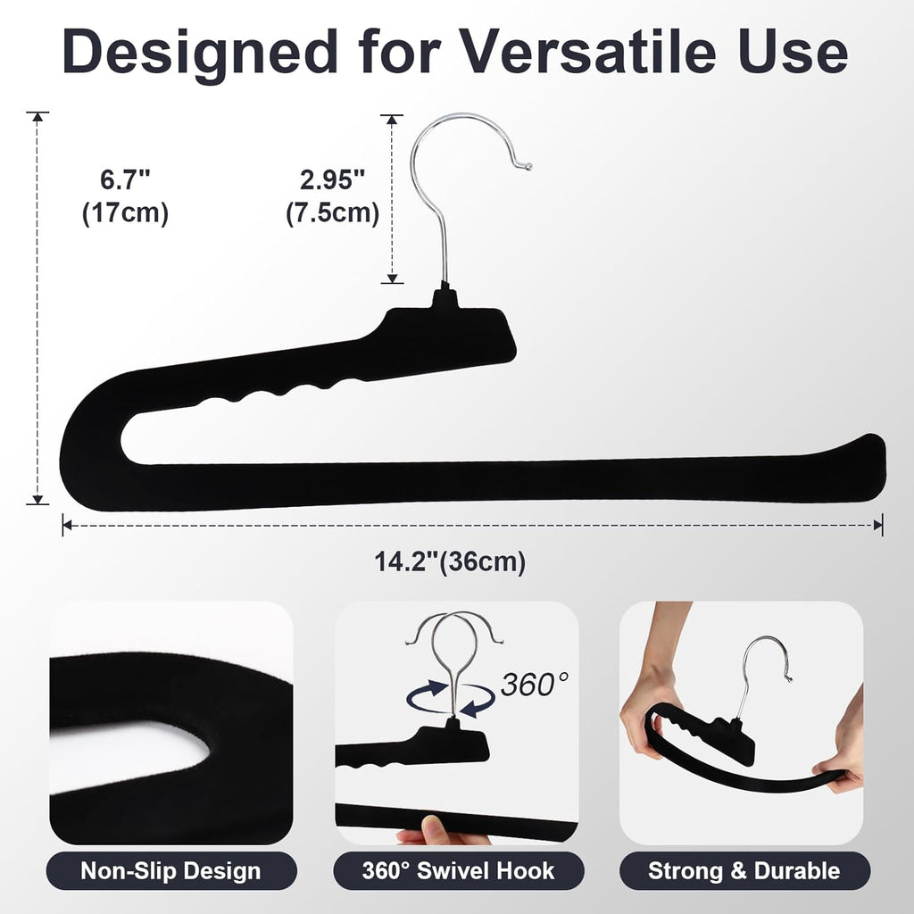 Velvet Pants Hangers - 16 Pack Non-Slip Black Hangers with 360° Swivel Hook | Space-Saving Design for Heavy Pants & Jeans
