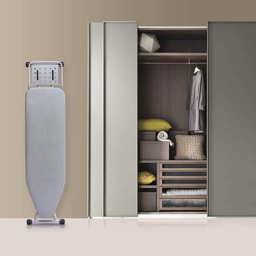 BKTD Ironing Board - Heat Resistant Cover with Steam Rest | Non-Slip, Foldable Design (13" x 34" x 53") - Silver Gray