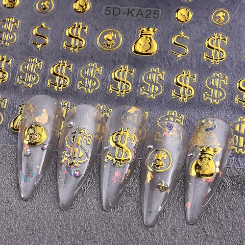 5D Gold Nail Stickers Embossed Dollar Design Self-Adhesive Decals